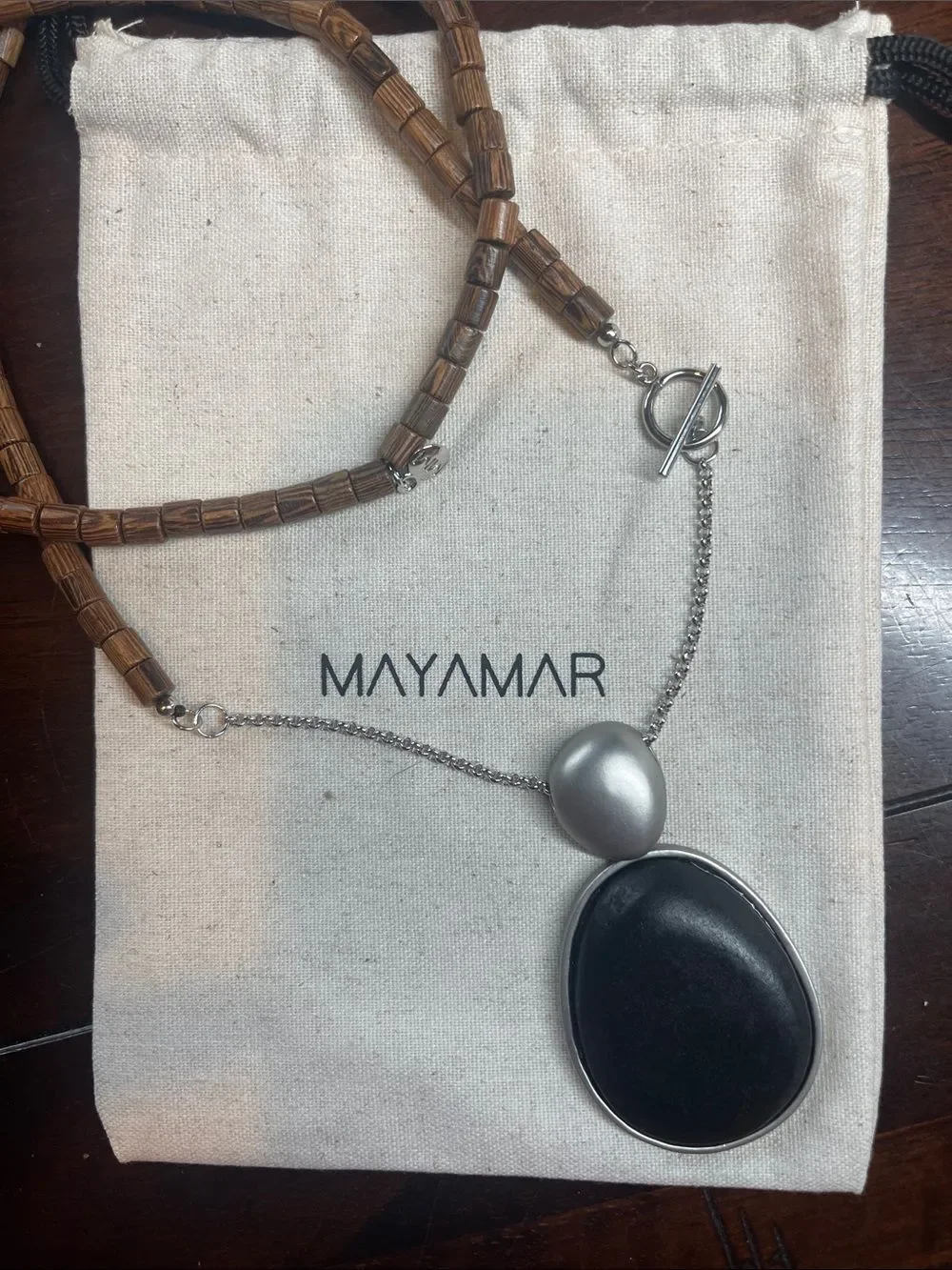 Sterling Silver Black Stone Necklace with Brown Beaded Cord